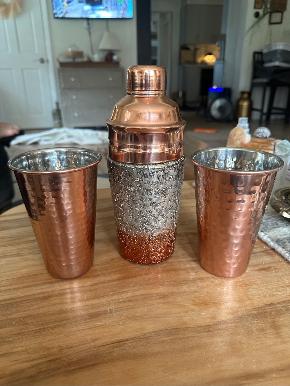Pier 1 Copper glass Hammered Cocktail Shaker Set 2 copper Tumbler wear to paint